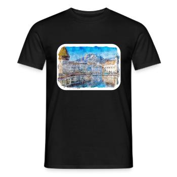 Luzern Schweiz Aquarellskizze gezeichnet Illust - Männer T-Shirt - Schwarz - Vorne - AI Model Male 178 light (178cm)