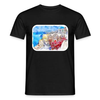 Santorin Grèce Aquarelle Sketch Illustration - T-shirt homme - noir - Devant - AI Model Male 178 light (178cm)