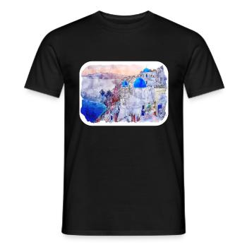 Santorin Grèce Aquarelle Esquisse Dessinée Illustrat - T-shirt homme - noir - Devant - AI Model Male 178 light (178cm)