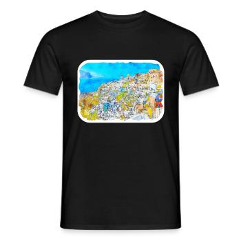 Santorin Grèce Aquarelle Esquisse Dessinée Illustrat - T-shirt homme - noir - Devant - AI Model Male 178 light (178cm)
