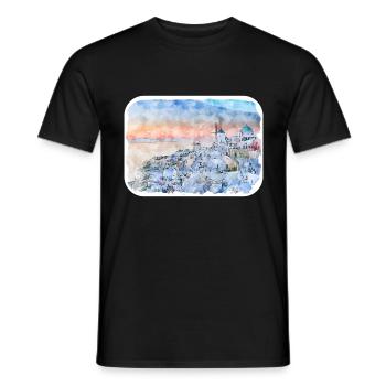Santorin Grèce Aquarelle Sketch Illustration - T-shirt homme - noir - Devant - AI Model Male 178 light (178cm)