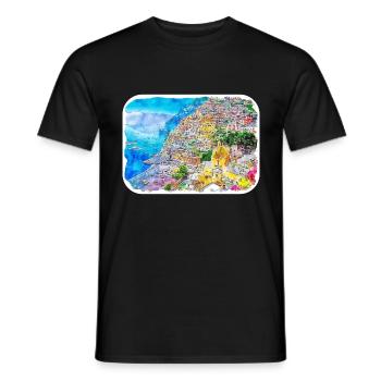 Positano Italie Aquarelle Sketch Illustration - T-shirt homme - noir - Devant - AI Model Male 178 light (178cm)