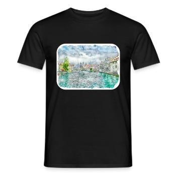 Luzern Schweiz Aquarellskizze gezeichnet Illust - Männer T-Shirt - Schwarz - Vorne - AI Model Male 178 light (178cm)