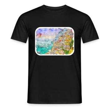 Positano, Italie, Croquis à l’aquarelle, dessiné, Illustratio - T-shirt homme - noir - Devant - AI Model Male 178 light (178cm)