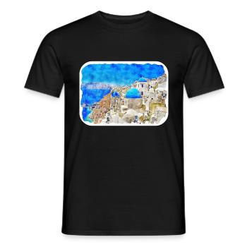 Santorin Grèce Aquarelle Esquisse Dessinée Illustrat - T-shirt homme - noir - Devant - AI Model Male 178 light (178cm)