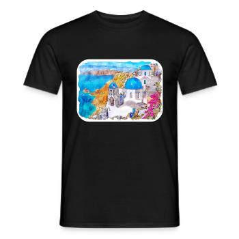 Santorin Grèce Aquarelle Esquisse Dessin Dessiné - T-shirt homme - noir - Devant - AI Model Male 178 light (178cm)