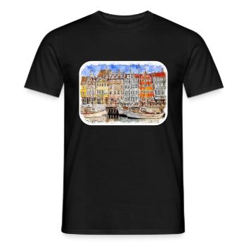 Copenhague, Danemark, Croquis à l’aquarelle, illustration - T-shirt homme - noir - Devant - AI Model Male 178 light (178cm)