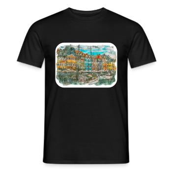 Copenhague Danemark Aquarelle Croquis Dessiné Paintin - T-shirt homme - noir - Devant - AI Model Male 178 light (178cm)