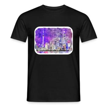 Shanghai China Aquarellskizze gezeichnete Zeichnung - Männer T-Shirt - Schwarz - Vorne - AI Model Male 178 light (178cm)