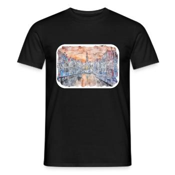 Bruges Belgique Aquarelle Esquisse Illustration - T-shirt homme - noir - Devant - AI Model Male 178 light (178cm)