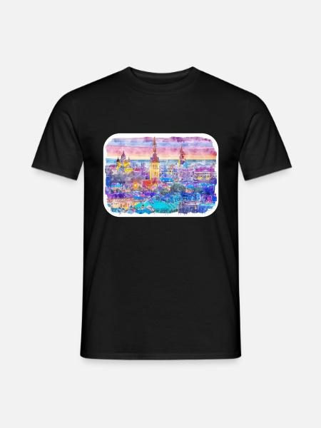 Estonia Landmark Watercolor Sketch Rysunek farby - T-shirt męski - czarny