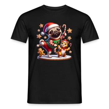 Carlin danse avec un chat et un bonhomme en pain d’épice Noël - T-shirt homme - noir - Devant - AI Model Male 178 light (178cm)