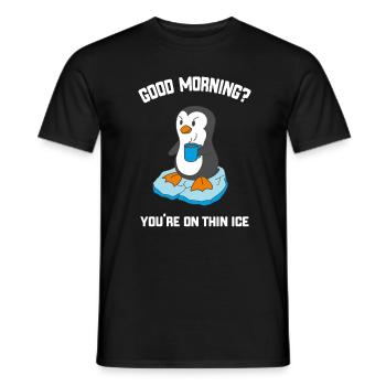 Funny Good Morning Penguin with Coffee - Men's T-Shirt - black - Front - AI Model Male 178 light (178cm)