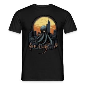 Giant Octopus Squid atacking the city on a sunset - Men's T-Shirt - black - Front - AI Model Male 178 light (178cm)
