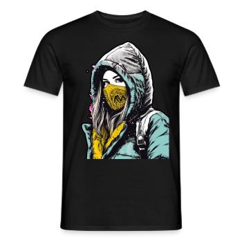 Kapuzenfrau trägt eine Gesichtsmaske mit einem gelben - Männer T-Shirt - Schwarz - Vorne - AI Model Male 178 light (178cm)