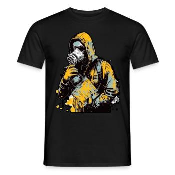 Kapuzenfrau trägt eine Gesichtsmaske mit einem gelben - Männer T-Shirt - Schwarz - Vorne - AI Model Male 178 light (178cm)