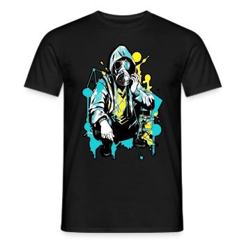 Kapuzenfrau trägt eine Gesichtsmaske mit einem gelben - Männer T-Shirt - Schwarz - Vorne - AI Model Male 178 light (178cm)