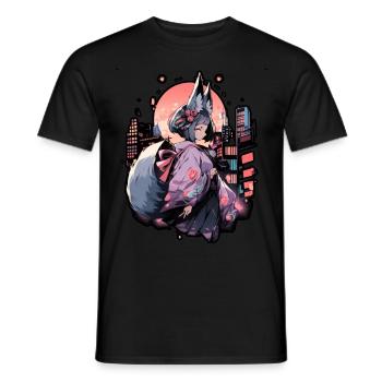 Anime meisje kitsune poseren, schattig, vos, - Heren T-shirt - zwart - Voor - AI Model Male 178 light (178cm)