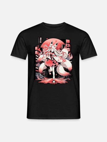 Anime tyttö kitsune poseeraa, söpö , kettu, - Miesten T-paita - musta