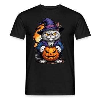Halloween - Cat Horror with Pumpkin - Men's T-Shirt - black - Front - AI Model Male 178 light (178cm)