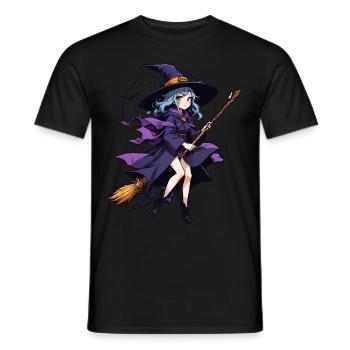 Cute witch with broom and bats - Men's T-Shirt - black - Front - AI Model Male 178 light (178cm)
