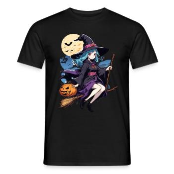 Cute witch with broom and bats - Men's T-Shirt - black - Front - AI Model Male 178 light (178cm)