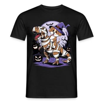 Cute dog riding a dinosaur on Halloween - Men's T-Shirt - black - Front - AI Model Male 178 light (178cm)
