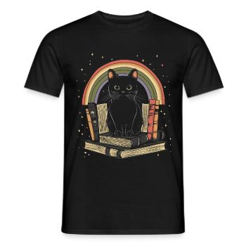 black cat sitting on books - Men's T-Shirt - black - Front - AI Model Male 178 light (178cm)