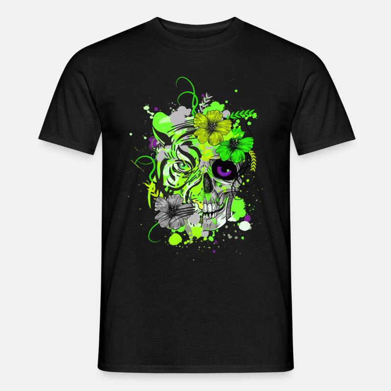 Tiger Skull Neon Farben Psy Goa Trance Techno - Männer T-Shirt - Schwarz