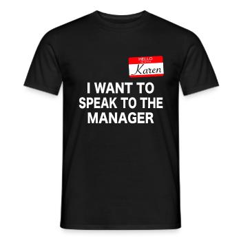 Karen Hello, my name is Karen. Halloween costume - Men's T-Shirt - black - Front - AI Model Male 178 light (178cm)