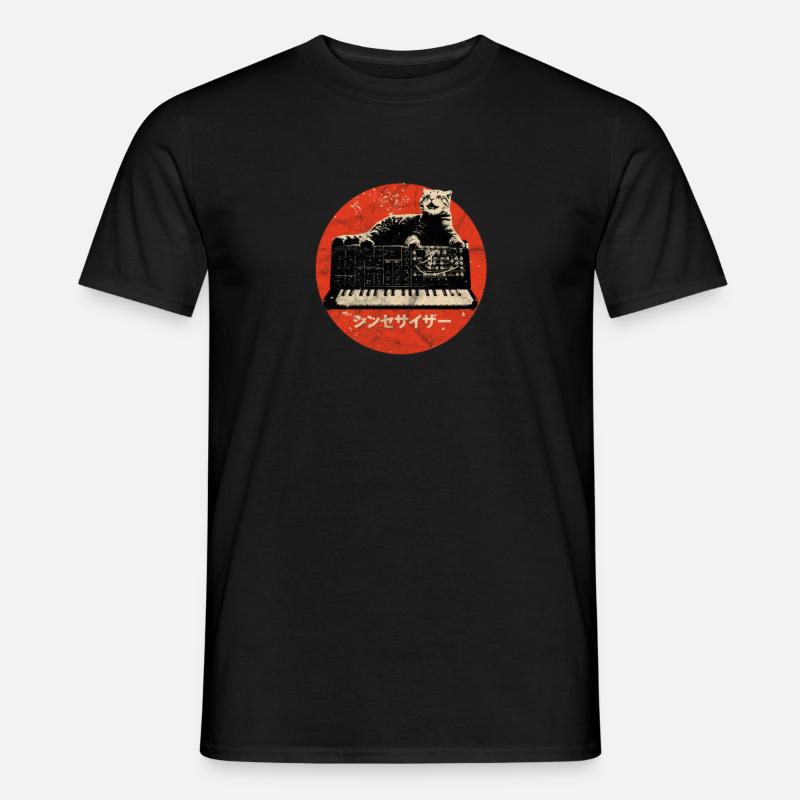 Vintage Synth & Cat - Analog Synthesizer Nerd - Men’s T-shirt - black