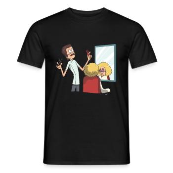 Hairdresser cutting, combing, laying - Men's T-Shirt - black - Front - AI Model Male 178 light (178cm)