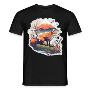 Fox Japan Cherry Blossom Flower Japanese Retro - Men's T-Shirt - black - Front - AI Model Male 178 light (178cm)