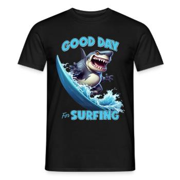 Funny shark with a surfboard - surfer - Men's T-Shirt - black - Front - AI Model Male 178 light (178cm)