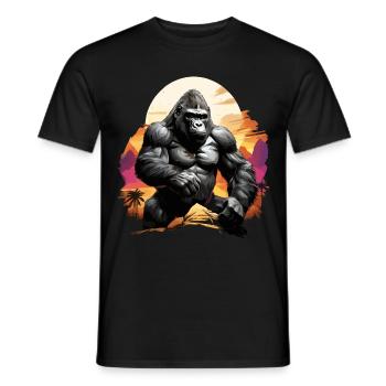 MAJESTISCHER GORILLA INMITTEN EINES FARBENFROHEN SONNENUNTERGANGS, RETRO - Männer T-Shirt - Schwarz - Vorne - AI Model Male 178 light (178cm)