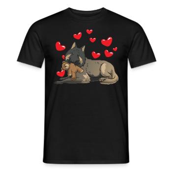 Tervuren dog with plush toy and many hearts - Men's T-Shirt - black - Front - AI Model Male 178 light (178cm)