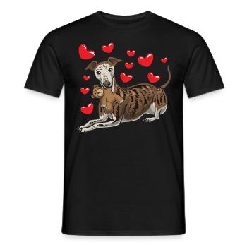 Galgo Espanol dog with plush toy and many - Men's T-Shirt - black - Front - AI Model Male 178 light (178cm)