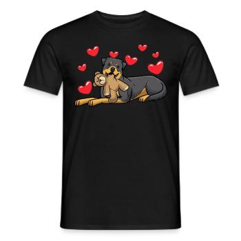 Chien Rottweiler avec jouet en peluche et de nombreux cœurs - T-shirt homme - noir - Devant - AI Model Male 178 light (178cm)
