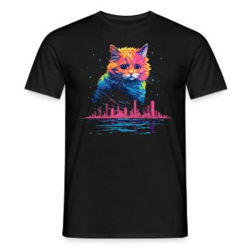 New York City, Cat, Meow, City, Skyline, America, USA - Men's T-Shirt - black - Front - AI Model Male 178 light (178cm)