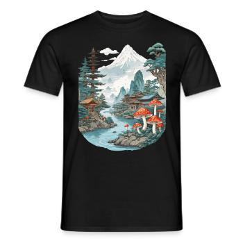 Vintage Mushroom Landscape Japan Aesthetic Design - Men's T-Shirt - black - Front - AI Model Male 178 light (178cm)