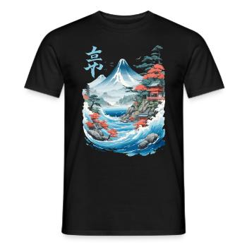 Oeuvre rétro japonaise Ukiyo-e Fujiyama - T-shirt homme - noir - Devant - AI Model Male 178 light (178cm)