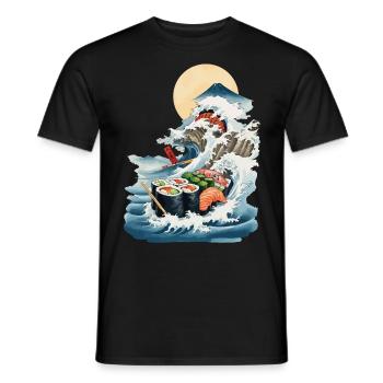 Japan Sushi Ukiyo-E Welle Streetwear Food Design - Männer T-Shirt - Schwarz - Vorne - AI Model Male 178 light (178cm)