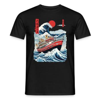 Ukiyo-E Fischerboot Meer Welle Japan Streetwear - Männer T-Shirt - Schwarz - Vorne - AI Model Male 178 light (178cm)