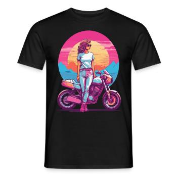 Retro Synthwave Motorcycle Biker Girl Style - Men's T-Shirt - black - Front - AI Model Male 178 light (178cm)
