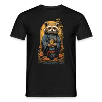 Cute Raccoon Dog Japanese Sake Vintage Art - Men's T-Shirt - black - Front - AI Model Male 178 light (178cm)