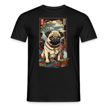 Pug Dog in Vintage Japan Sake Art - Men's T-Shirt - black - Front - AI Model Male 178 light (178cm)