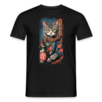 Cat in Japanese Sake Poster Vintage Art - Men's T-Shirt - black - Front - AI Model Male 178 light (178cm)