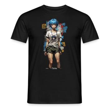 Anime Street Style Design With Blue Hair - Men's T-Shirt - black - Front - AI Model Male 178 light (178cm)