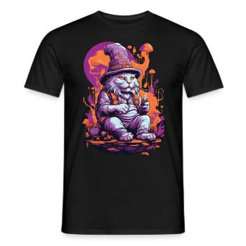 Psychedelic Art Forest Mushrooms Goa Trance Cat - Men's T-Shirt - black - Front - AI Model Male 178 light (178cm)