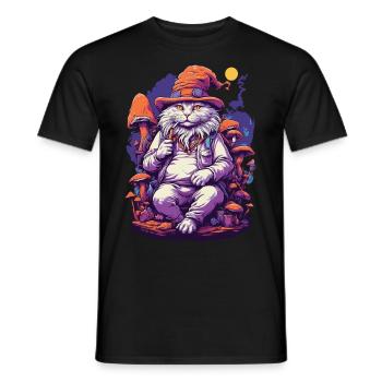 Cat Forest Mushrooms Psychedelic Goa Trance Art - Men's T-Shirt - black - Front - AI Model Male 178 light (178cm)